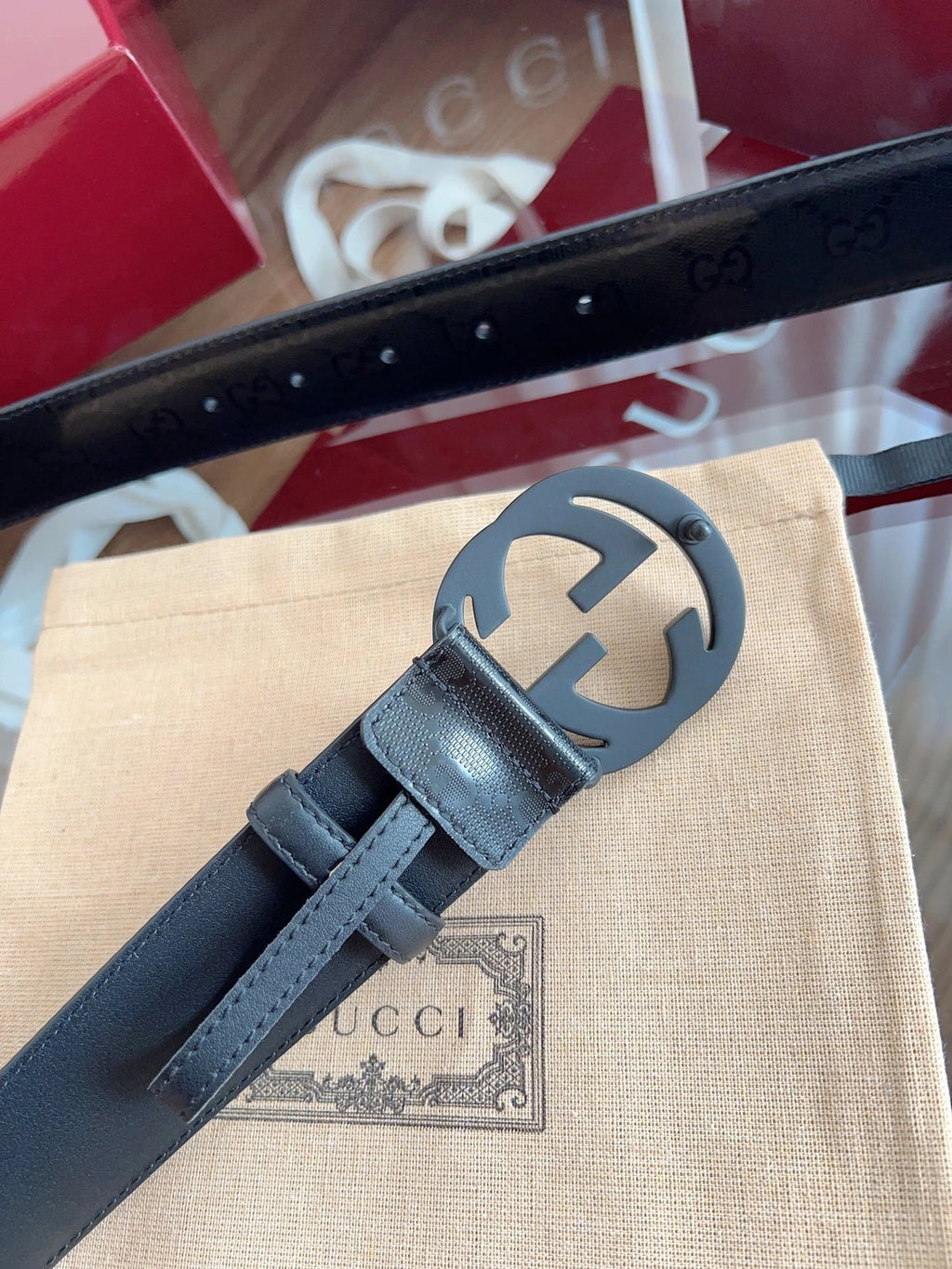 Premium Black Leather Belt with Silver GG Buckle - Hình 2