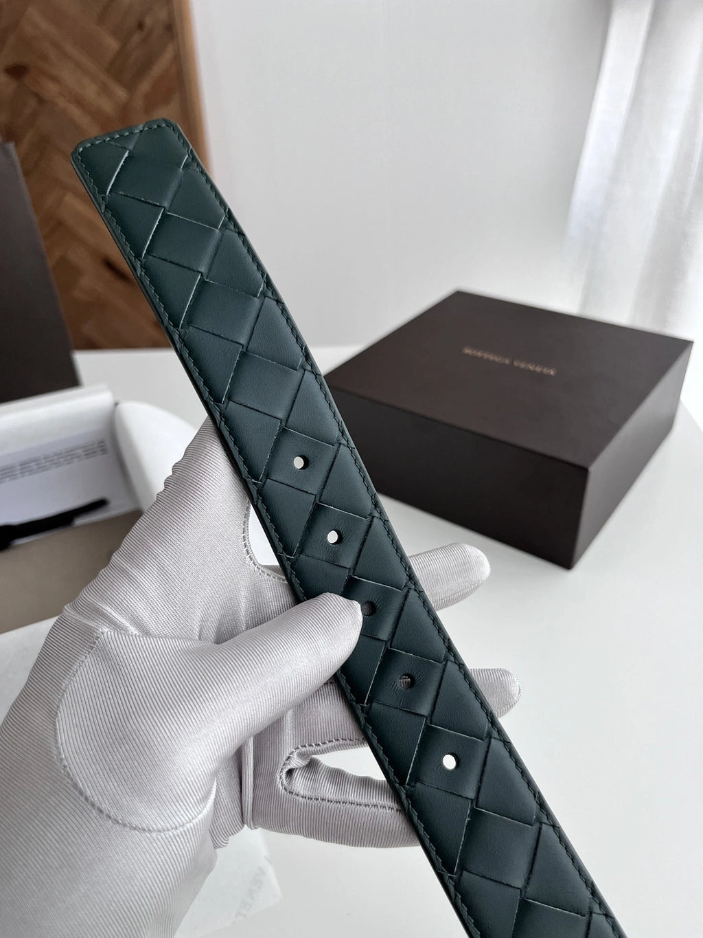 Premium Woven Dark Green Leather Belt with Silver Buckle - Hình 5