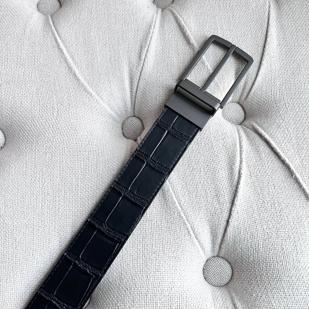 Premium Black Croc Embossed Reversible Leather Belt - Hình 5