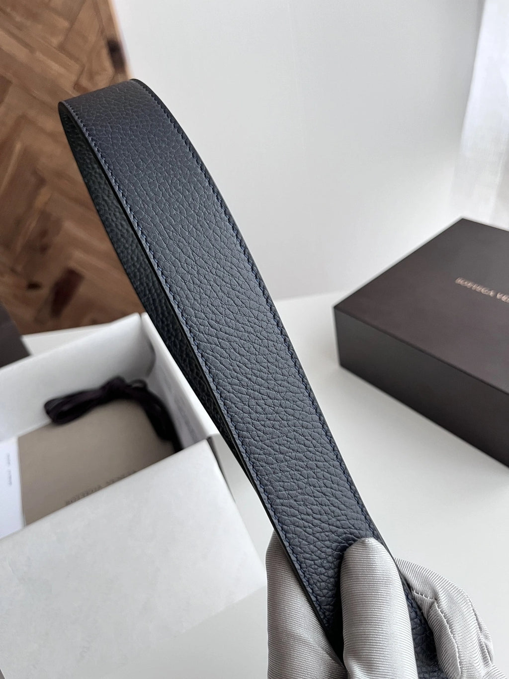 Premium Navy Blue Leather Belt with Silver Buckle - Hình 5