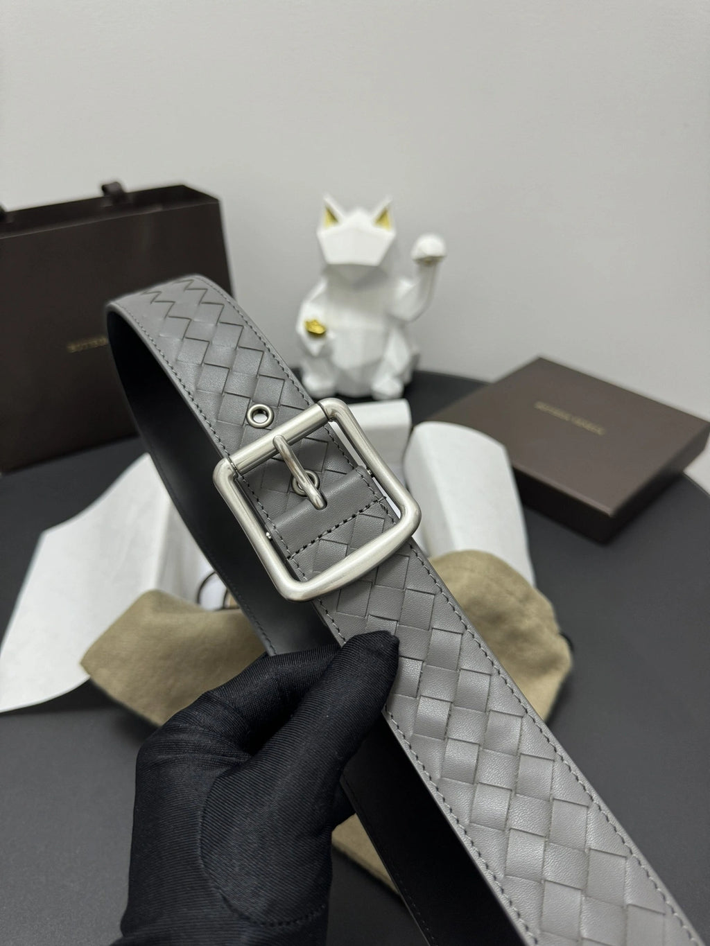 Bottega Veneta Gray Braided Leather Belt - Hình 5