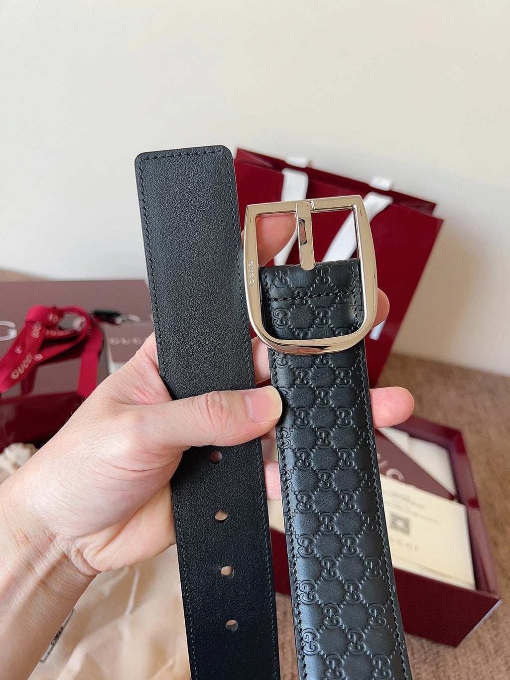 Gucci Premium Leather Belt with Silver Buckle - Hình 5