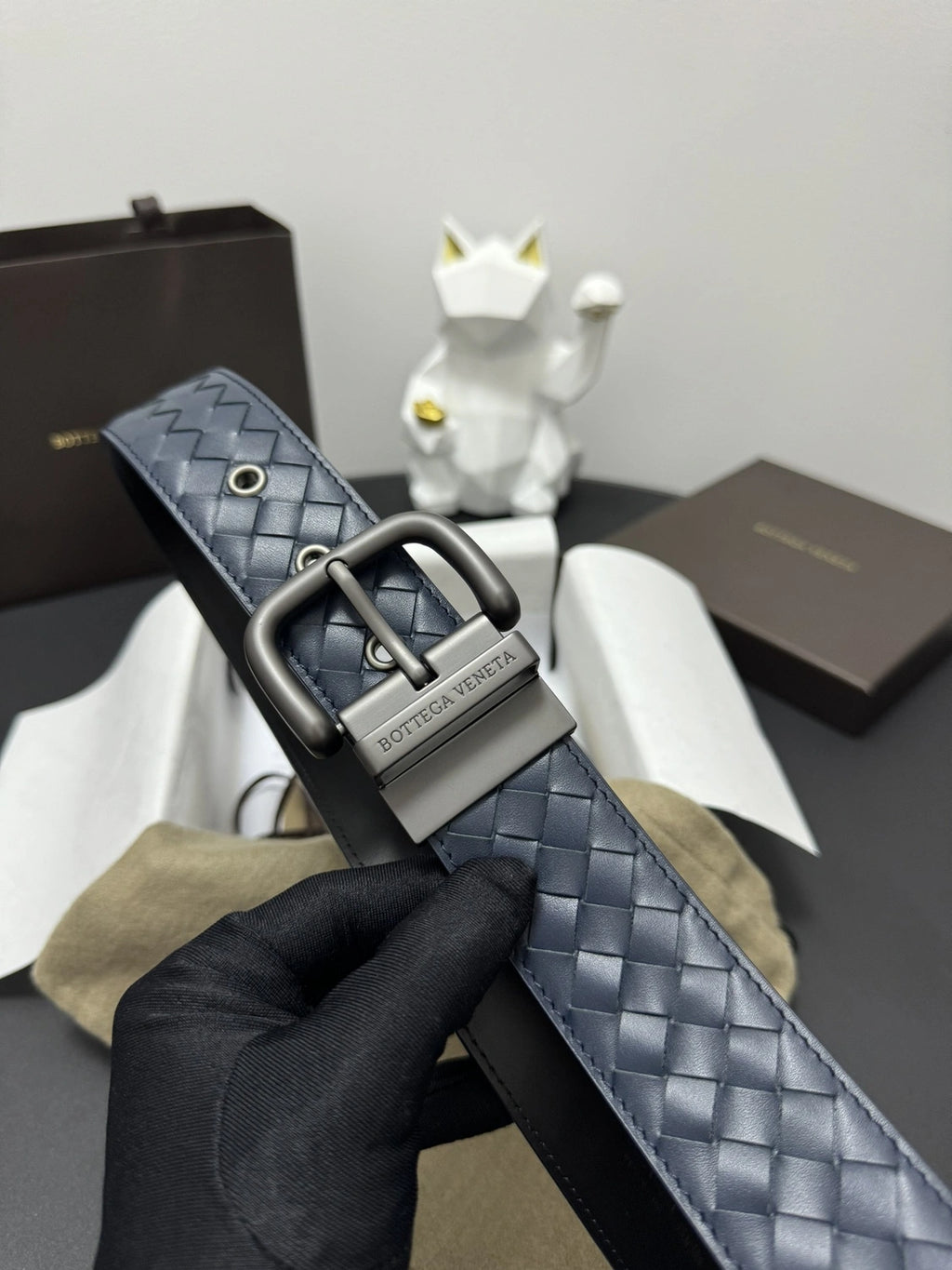 Bottega Veneta Premium Woven Navy Blue Leather Belt - Hình 4