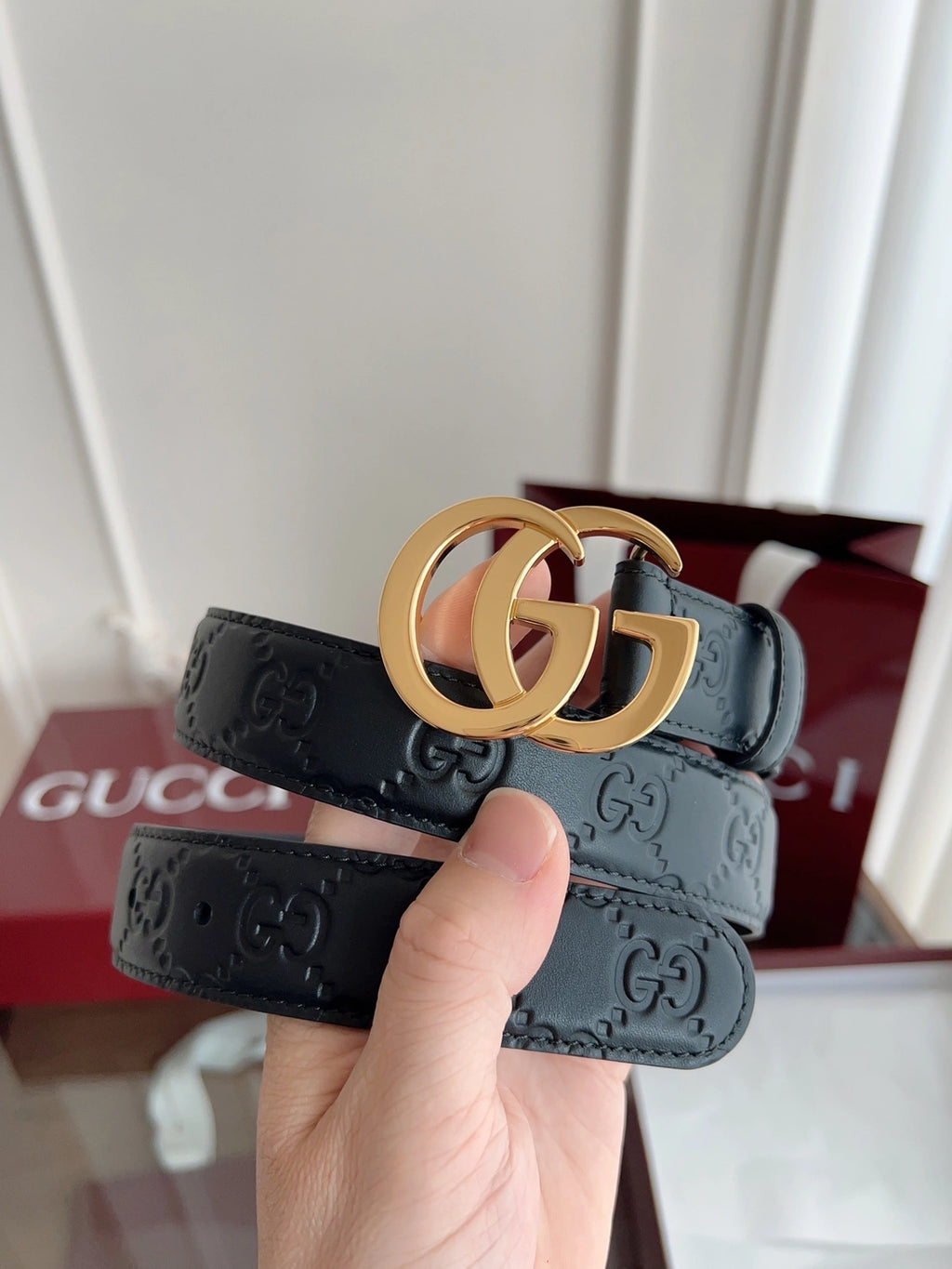 Premium Black Leather Belt with Gold GG Buckle - Hình 5
