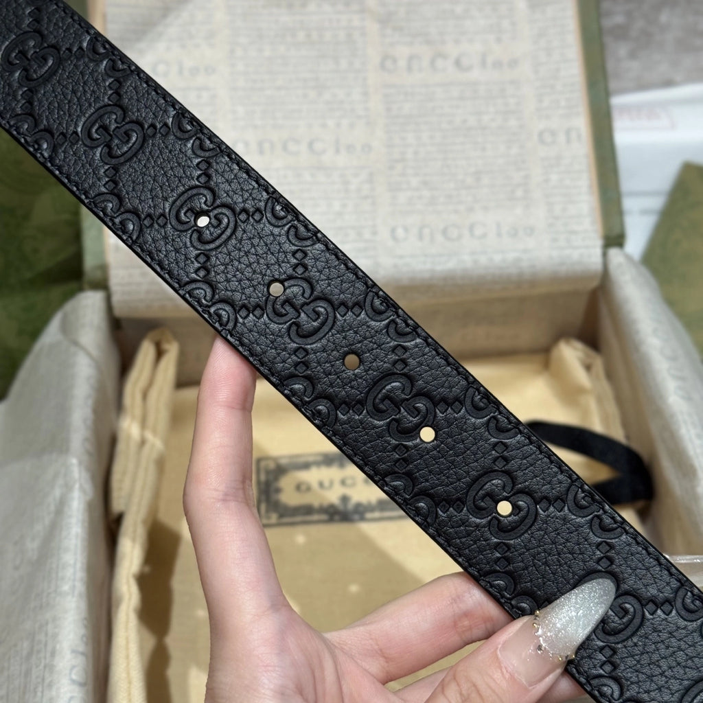 Gucci Signature Black Leather Belt with Silver Buckle - Hình 6