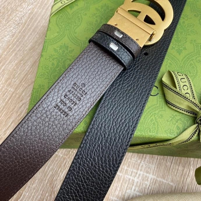 Premium Leather Belt with Gold GG Buckle - Hình 6