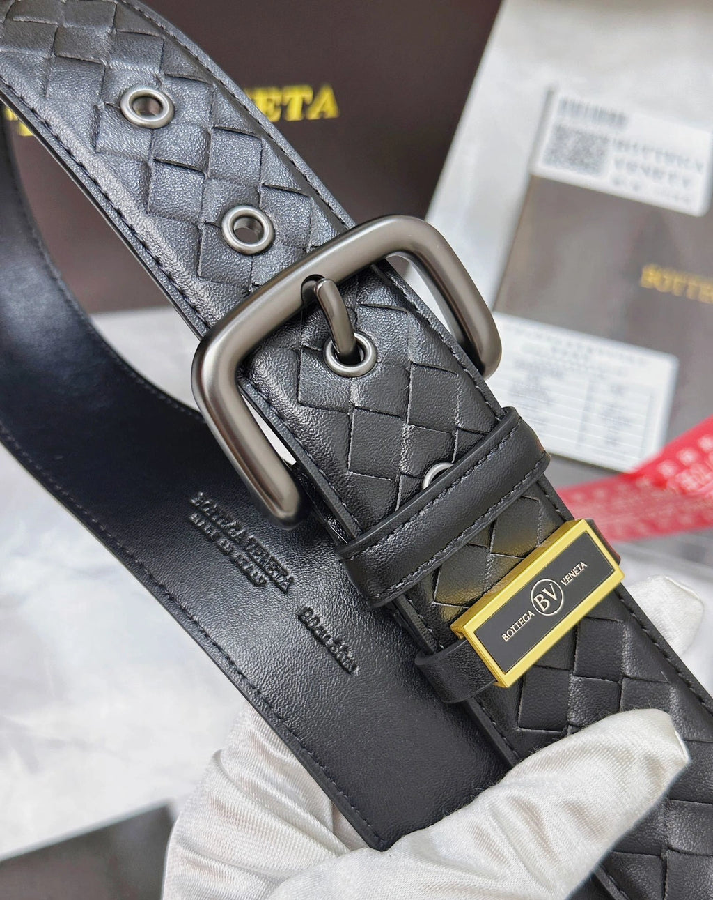Bottega Veneta Premium Black Leather Woven Belt - Hình 6
