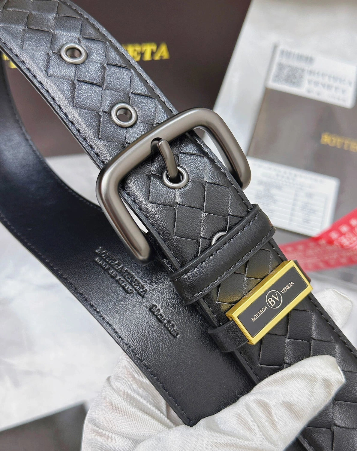 Bottega Veneta Premium Black Leather Woven Belt - Hình 6