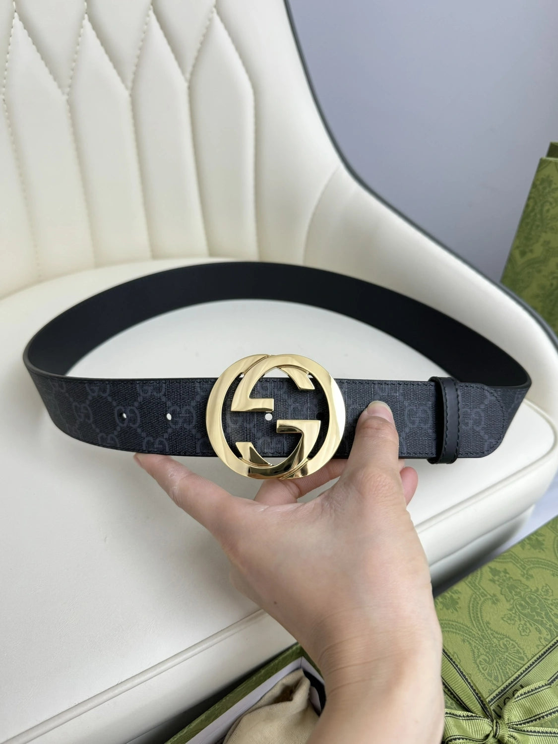 Gucci Inspired Premium Leather Belt with Gold Interlocking G Buckle - Hình 6