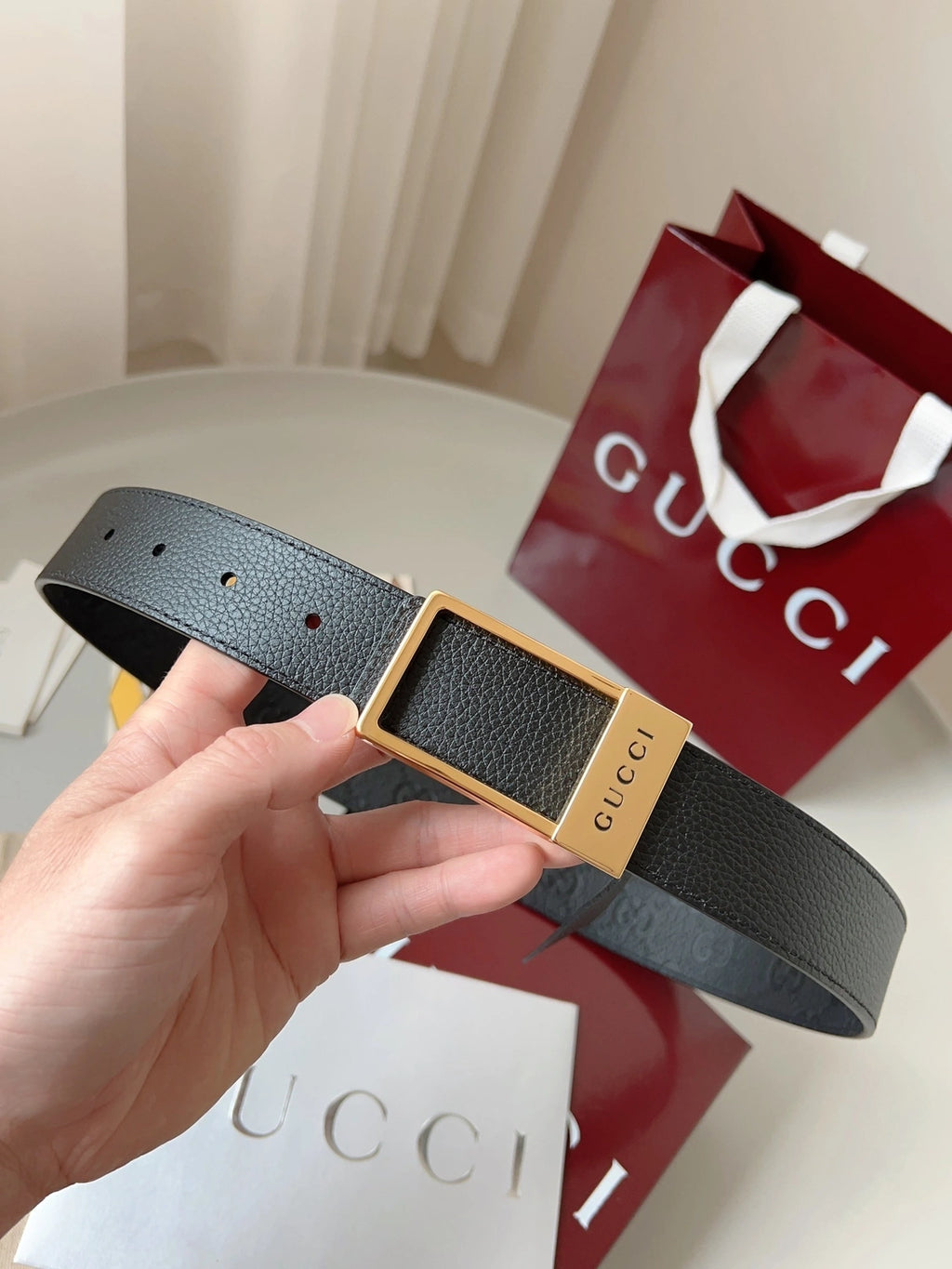 Premium Black Leather Belt with Gold Buckle - Hình 6