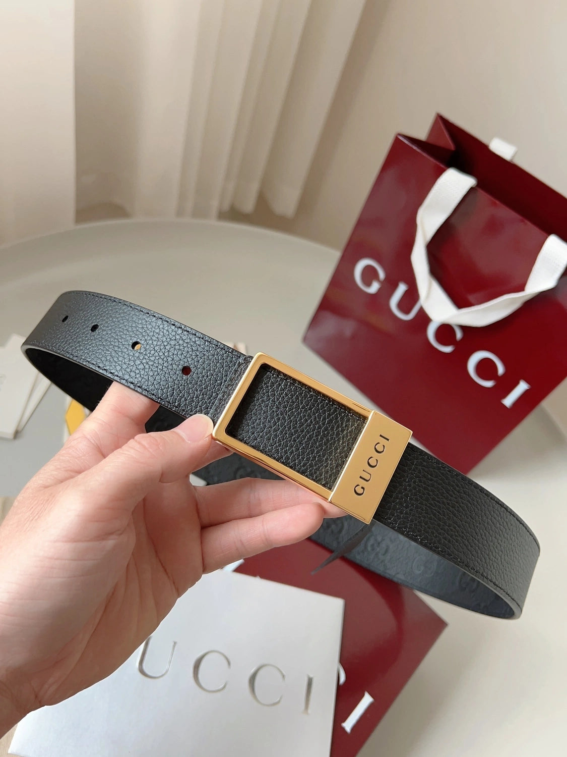 Premium Black Leather Belt with Gold Buckle - Hình 6