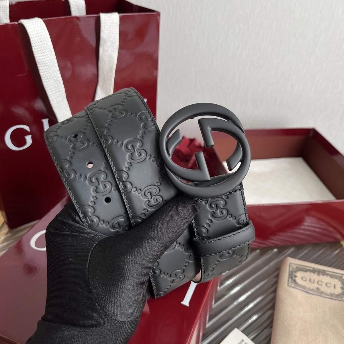 Gucci Signature Black Leather Belt with Matte Black Buckle - Hình 5