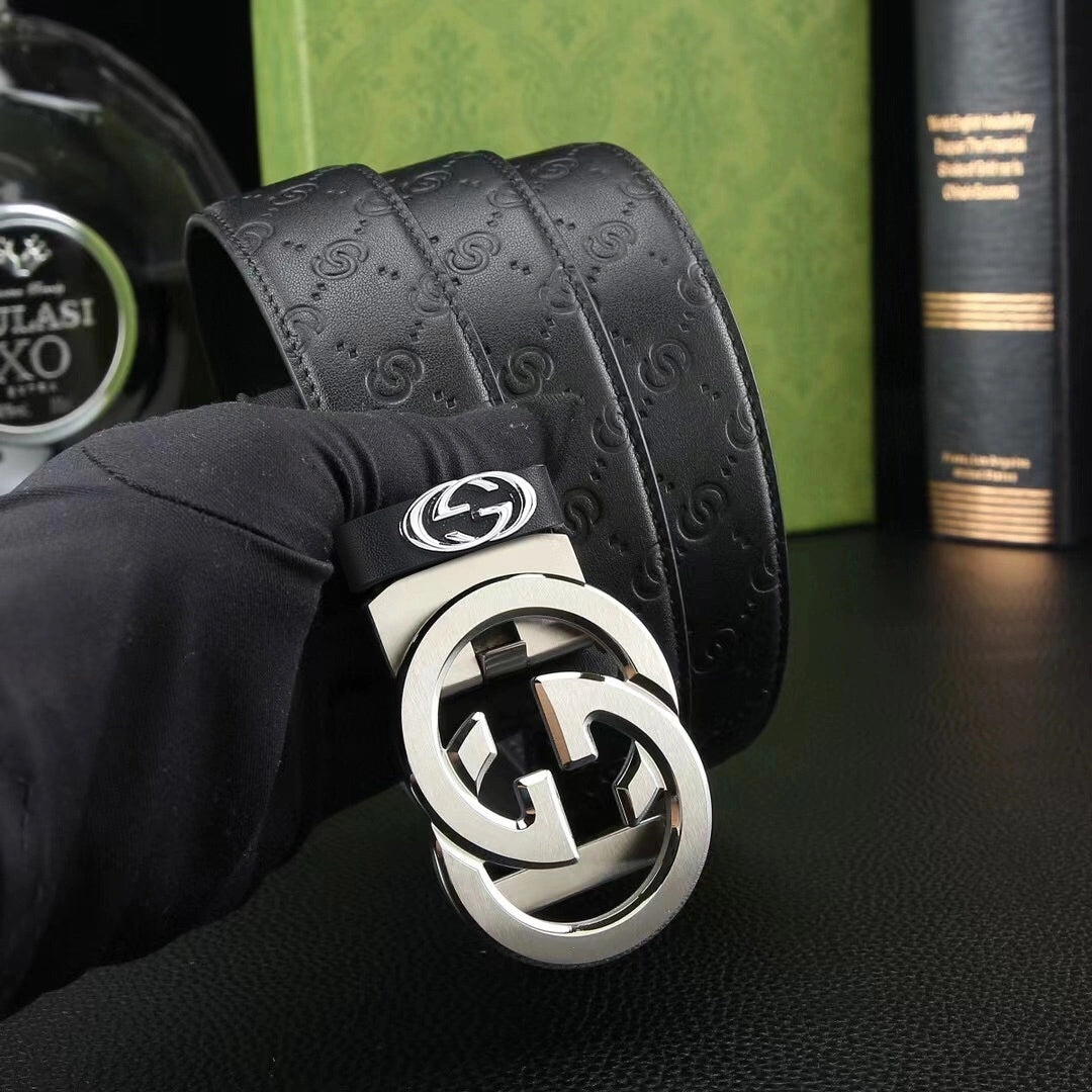 Gucci Premium Leather Belt Black with Silver Buckle - Hình 3