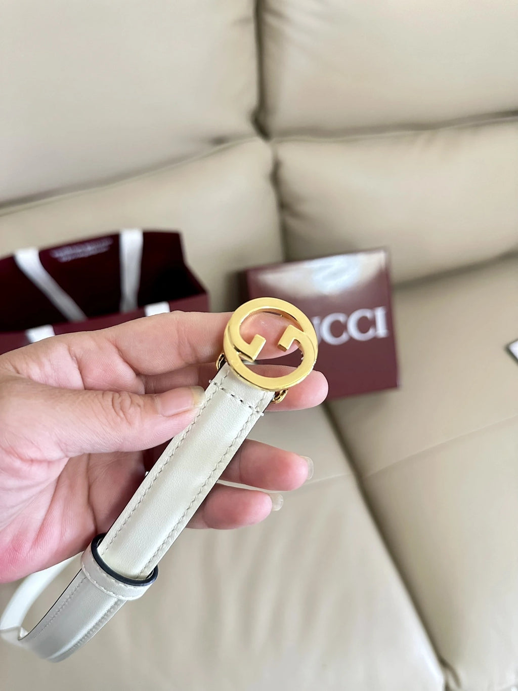 Ivory Leather Belt with Gold Gucci Inspired Buckle - Hình 6