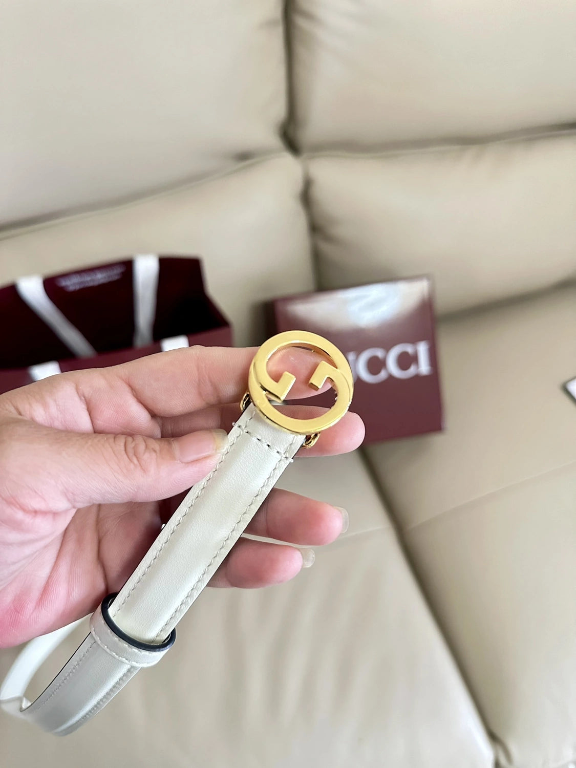 Ivory Leather Belt with Gold Gucci Inspired Buckle - Hình 6