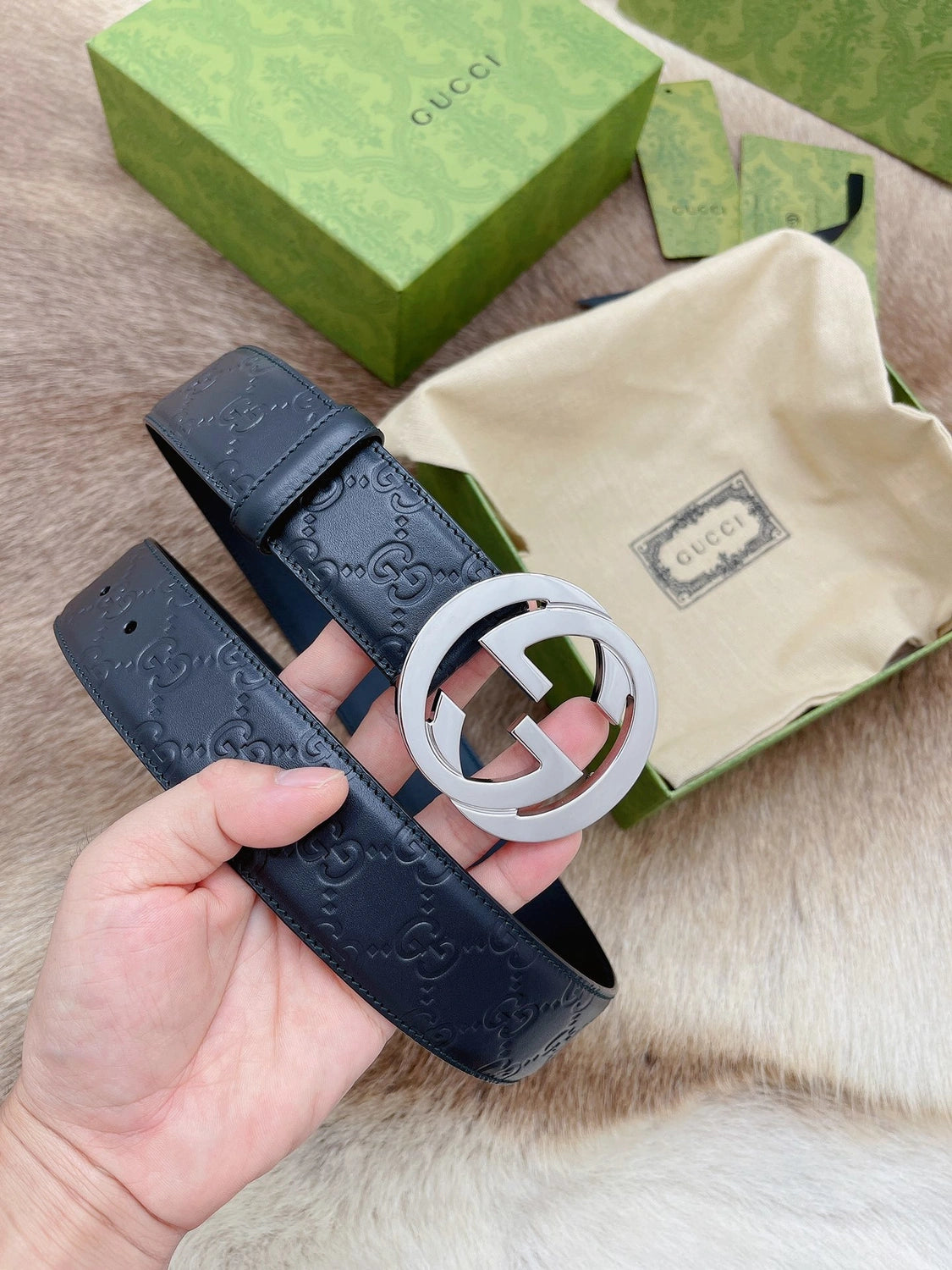 Gucci Interlocking G Black Leather Belt - Hình 6