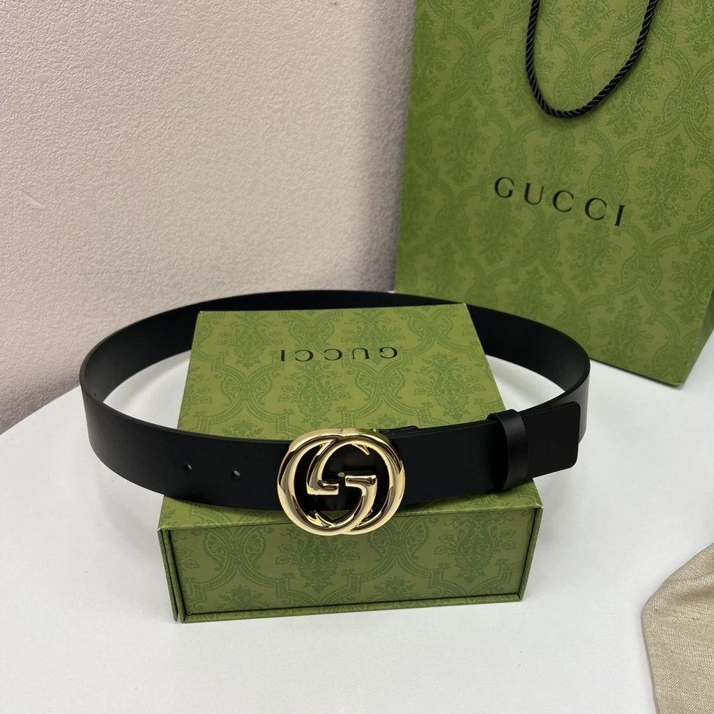Premium Black Leather Belt with Gold GG Buckle - Hình 6