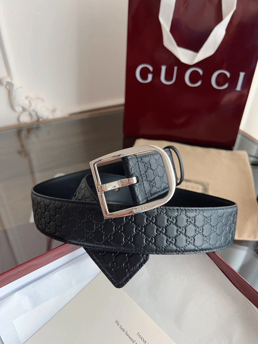 Gucci Signature Leather Belt with Silver Square Buckle - Hình 5