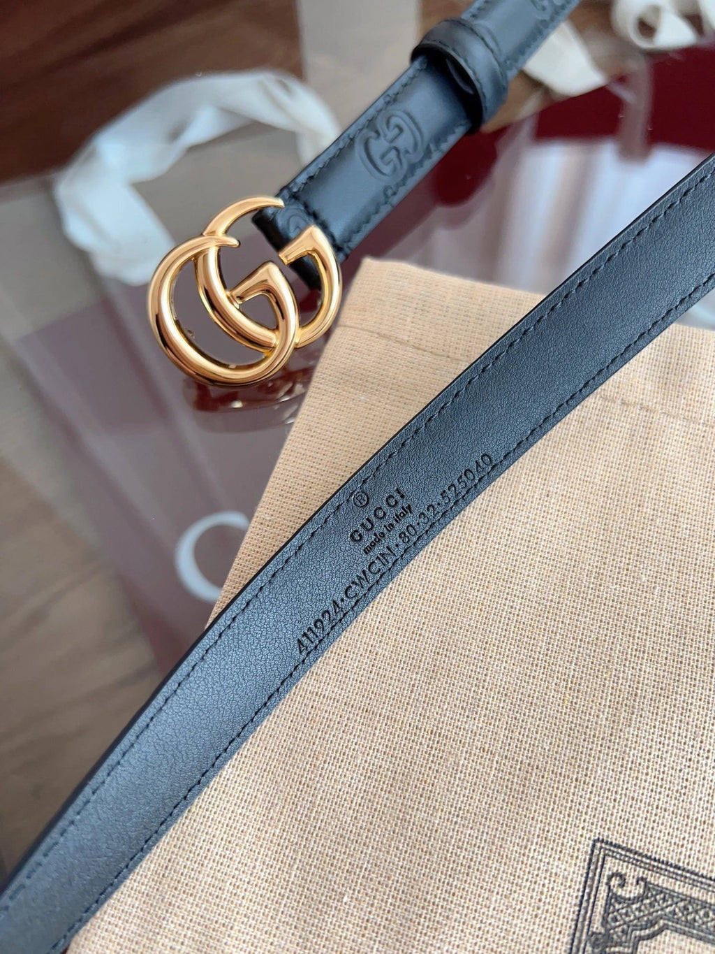 Premium Black Leather Belt with Gold GG Buckle - Hình 6