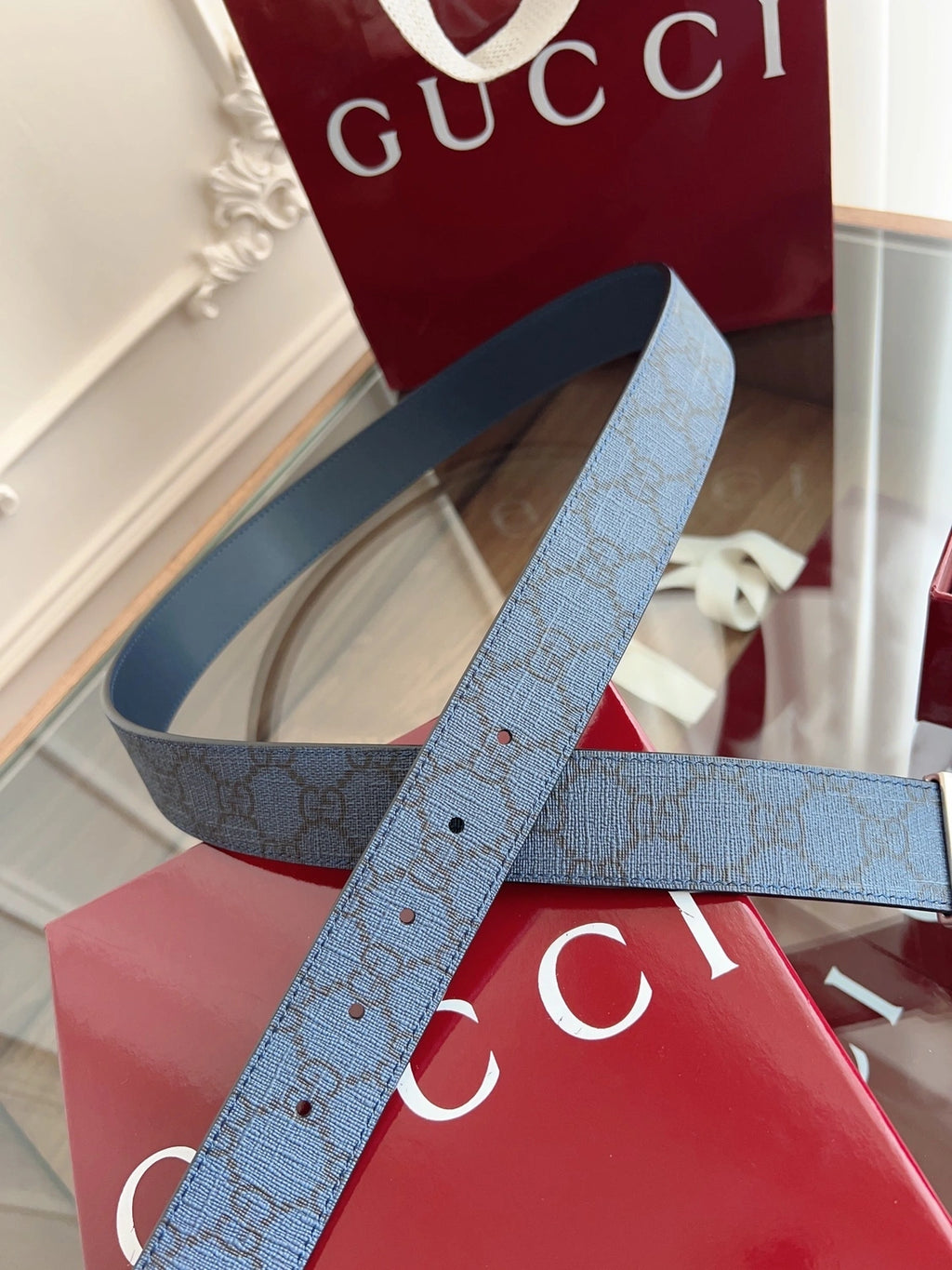 Gucci Premium Leather Belt Blue GG Pattern - Hình 6