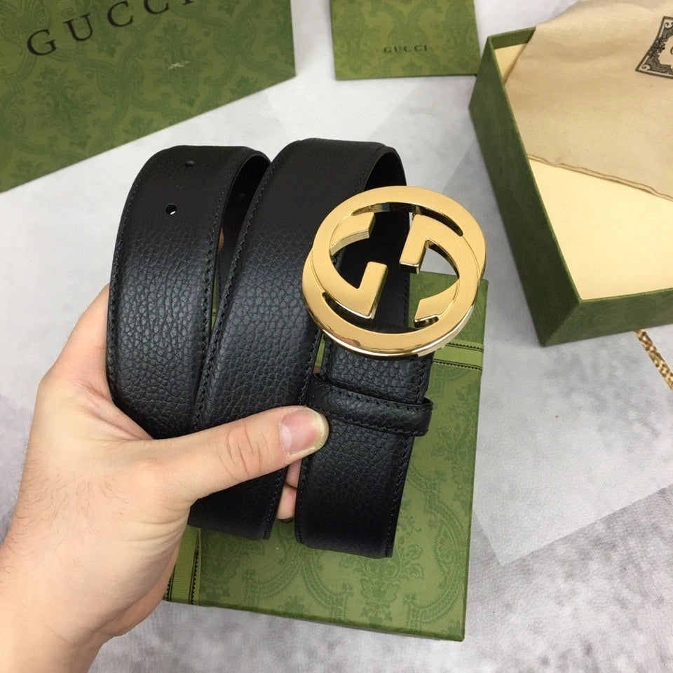 Premium black leather belt with gold GG buckle - Hình 7