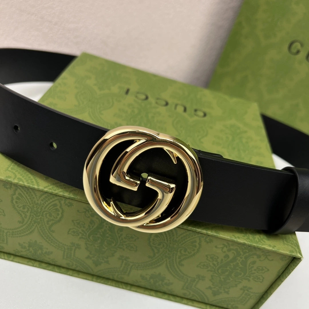 Premium Black Leather Belt with Gold GG Buckle - Hình 7