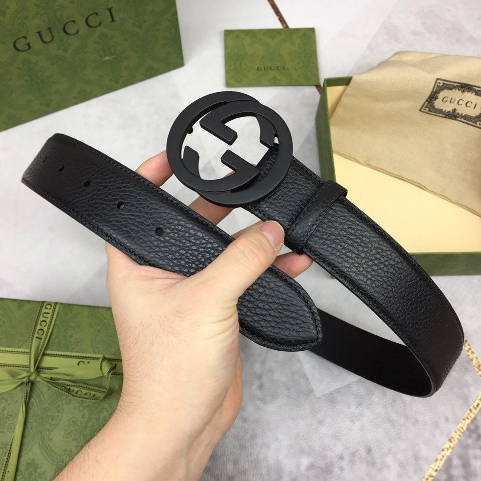 Gucci Premium Black Leather Belt with Interlocking G Buckle - Hình 7