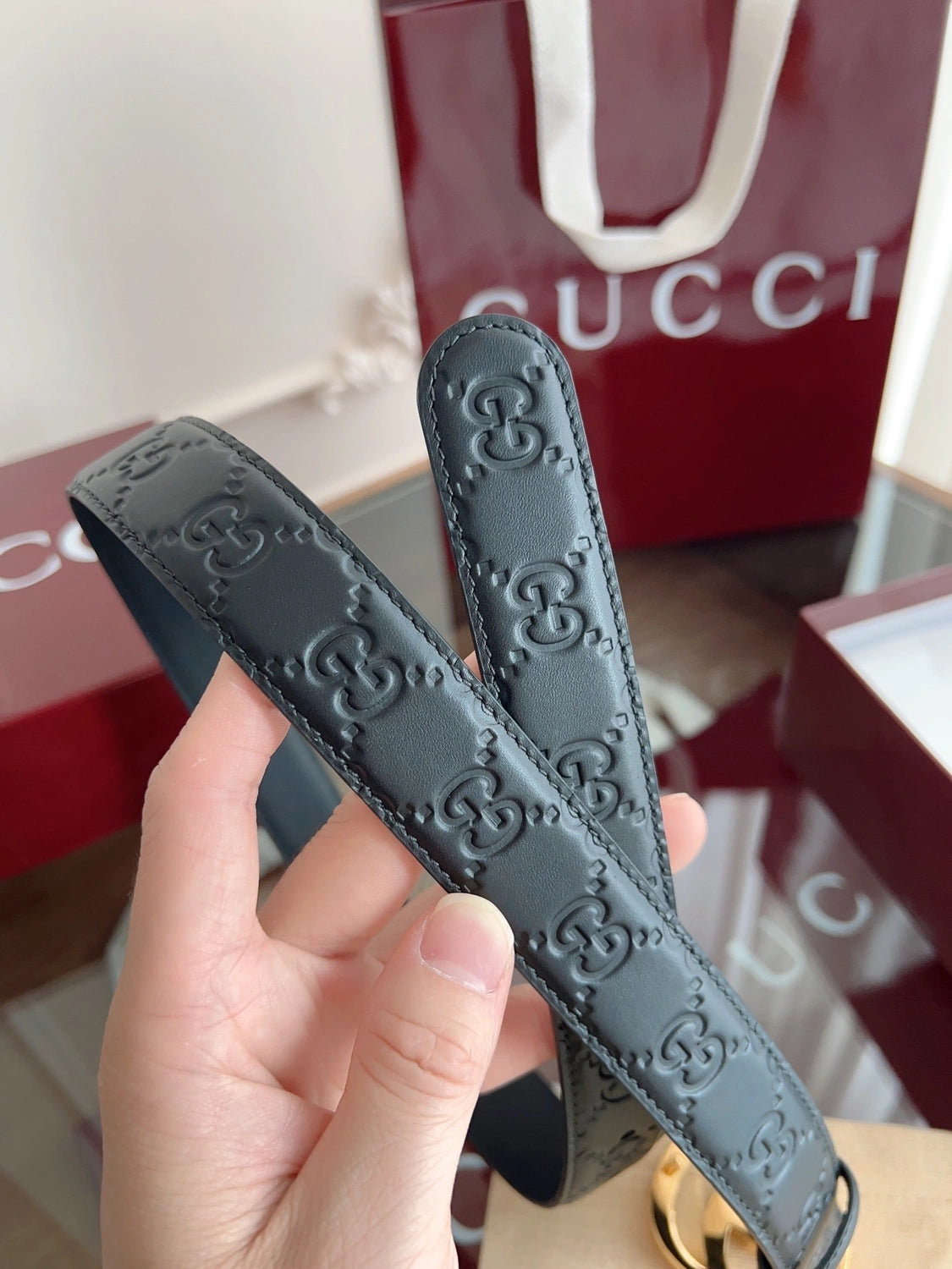 Premium Black Leather Belt with Gold GG Buckle - Hình 6