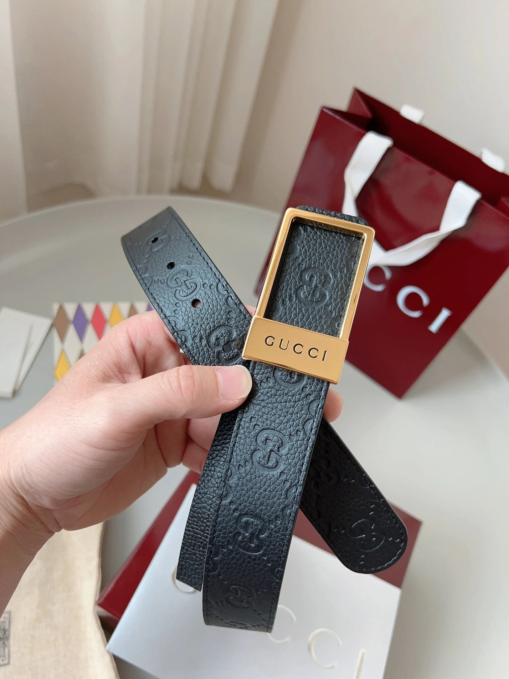 Premium Black Leather Belt with Gold Buckle - Hình 7