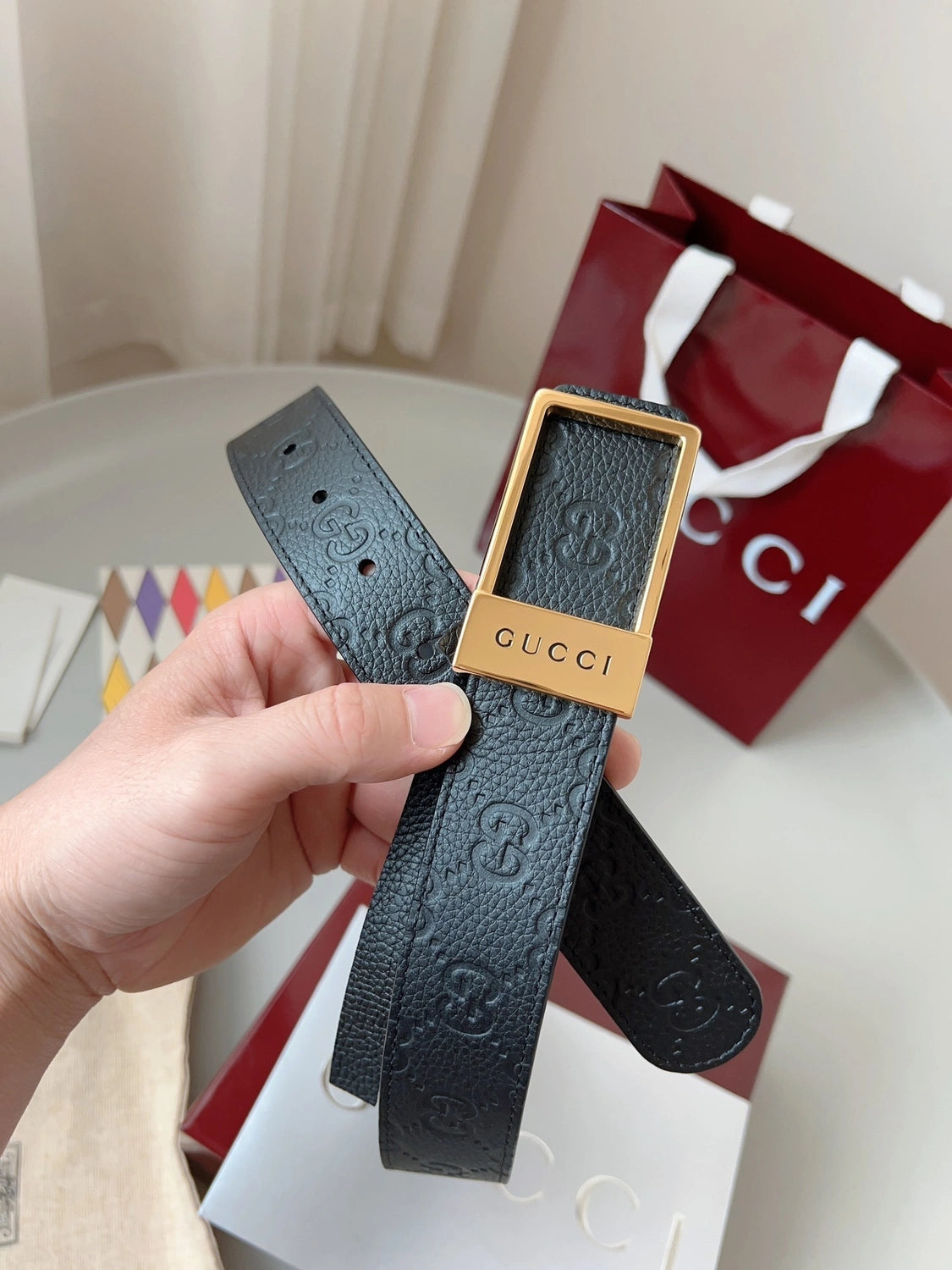 Premium Black Leather Belt with Gold Buckle - Hình 7