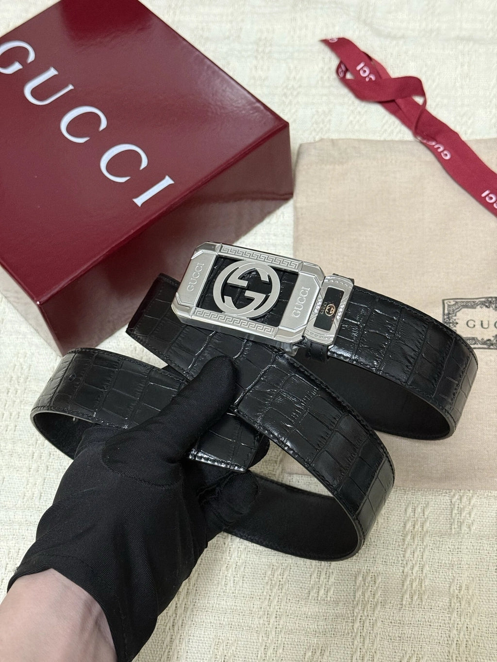 Premium black leather belt with silver Gucci inspired buckle - Hình 6