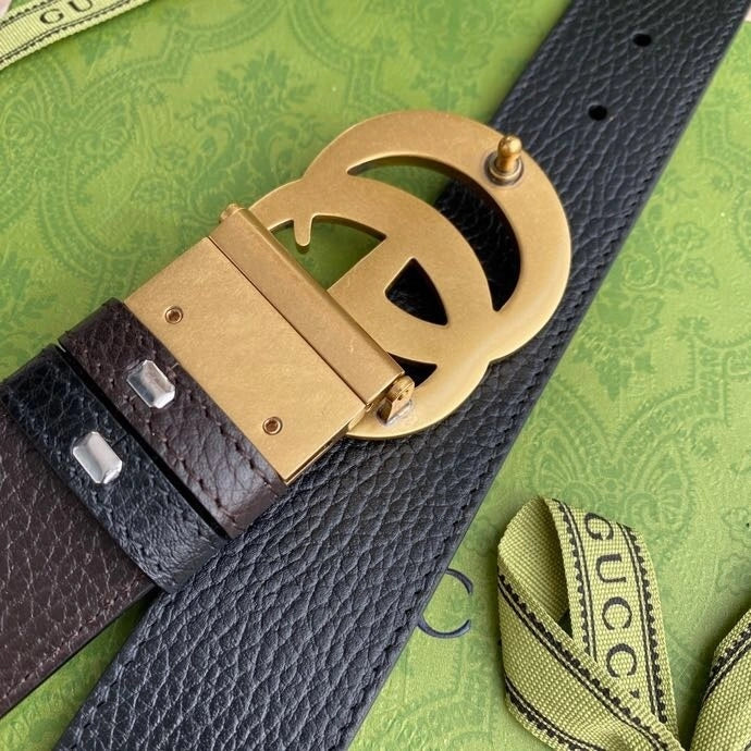 Premium Leather Belt with Gold GG Buckle - Hình 7