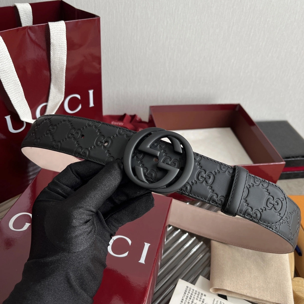 Gucci Signature Black Leather Belt with Matte Black Buckle - Hình 6