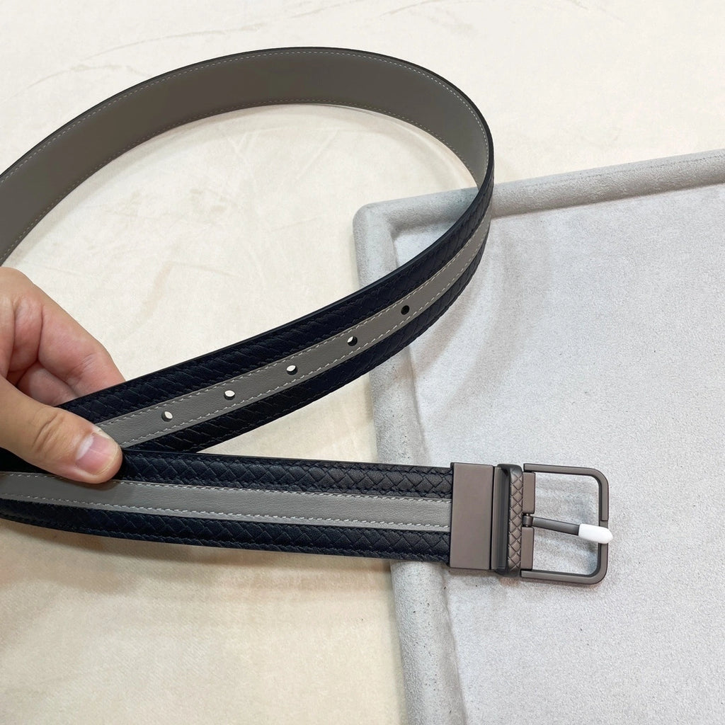 Premium Leather Belt with Black and Gray Stripe Design - Hình 7
