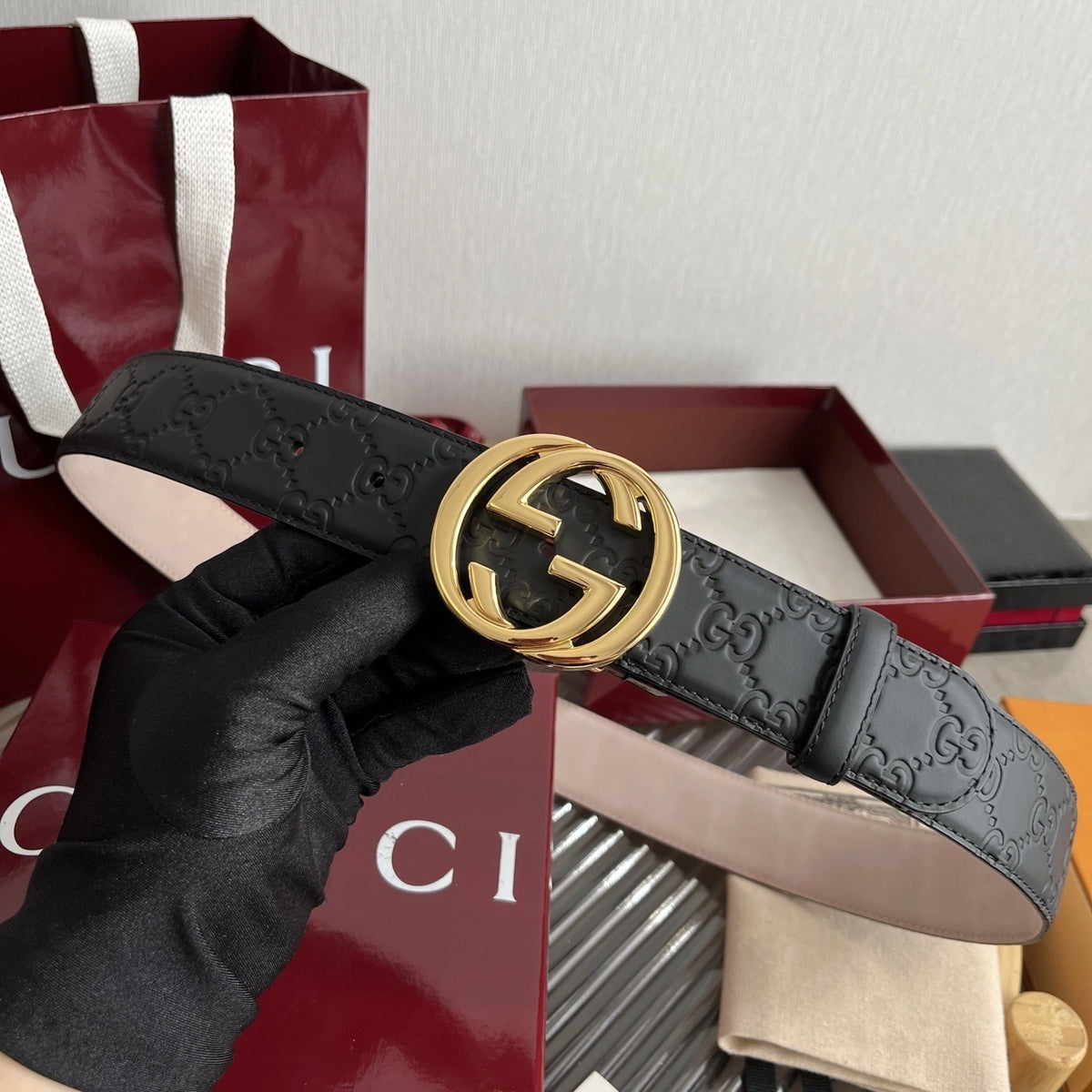 Gucci Inspired Premium Leather Belt with Gold Buckle - Hình 6