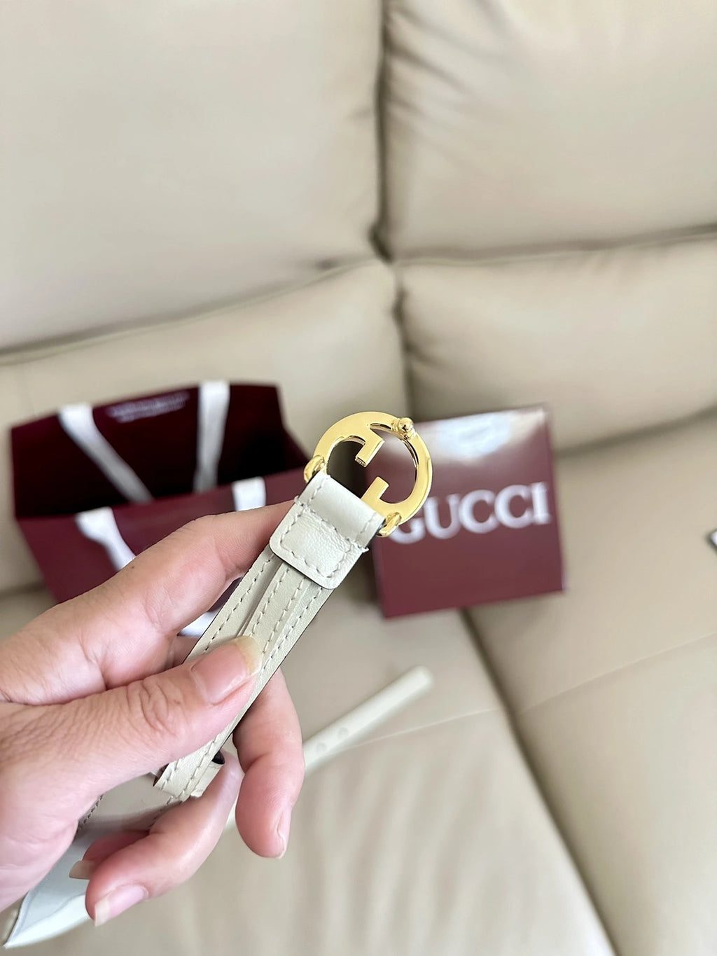 Ivory Leather Belt with Gold Gucci Inspired Buckle - Hình 7