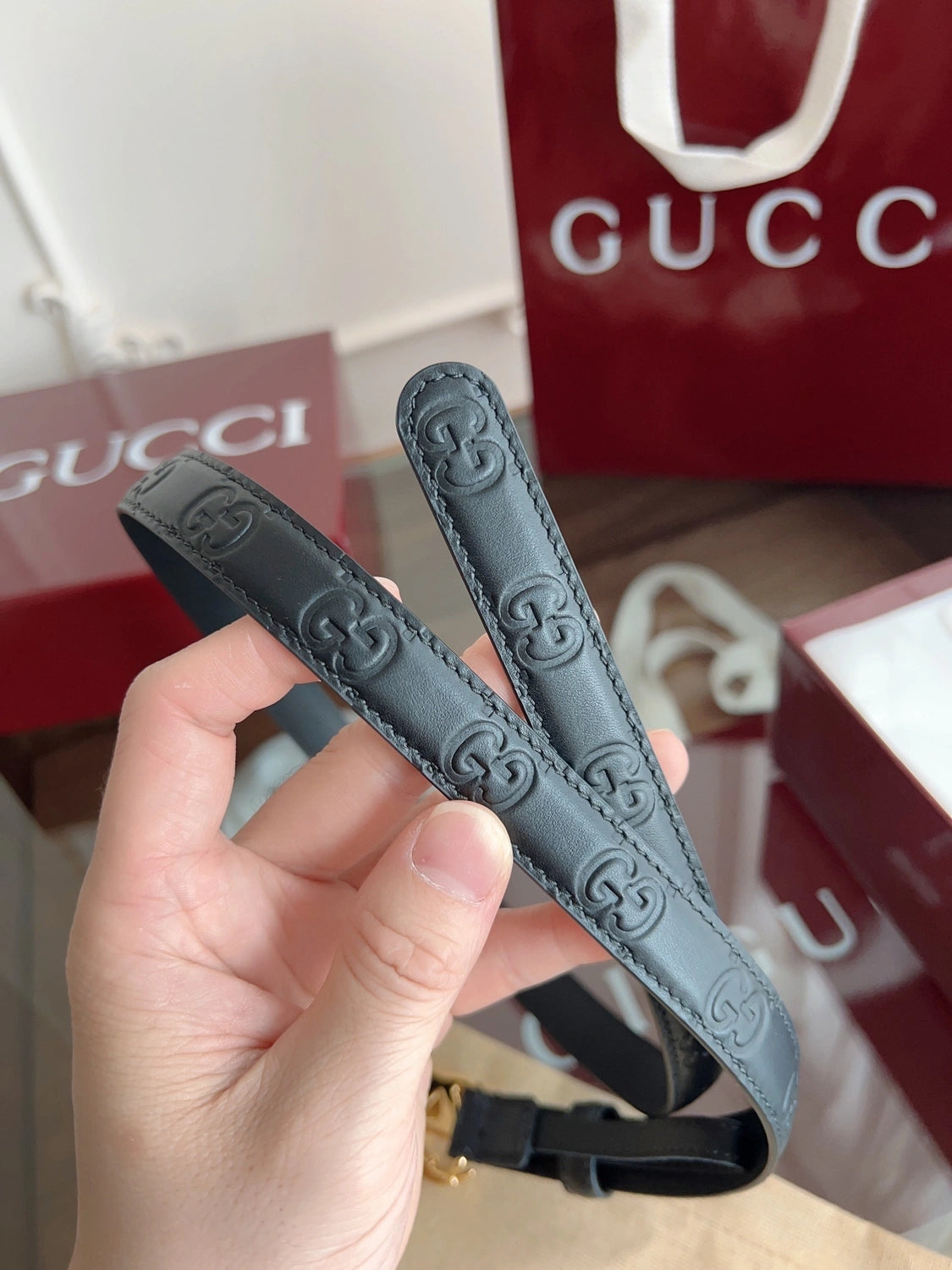 Premium Black Leather Belt with Gold GG Buckle - Hình 7