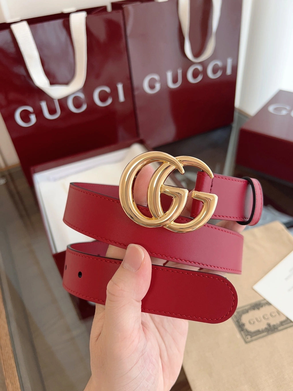 Red Leather Belt with Gold GG Buckle - Hình 4