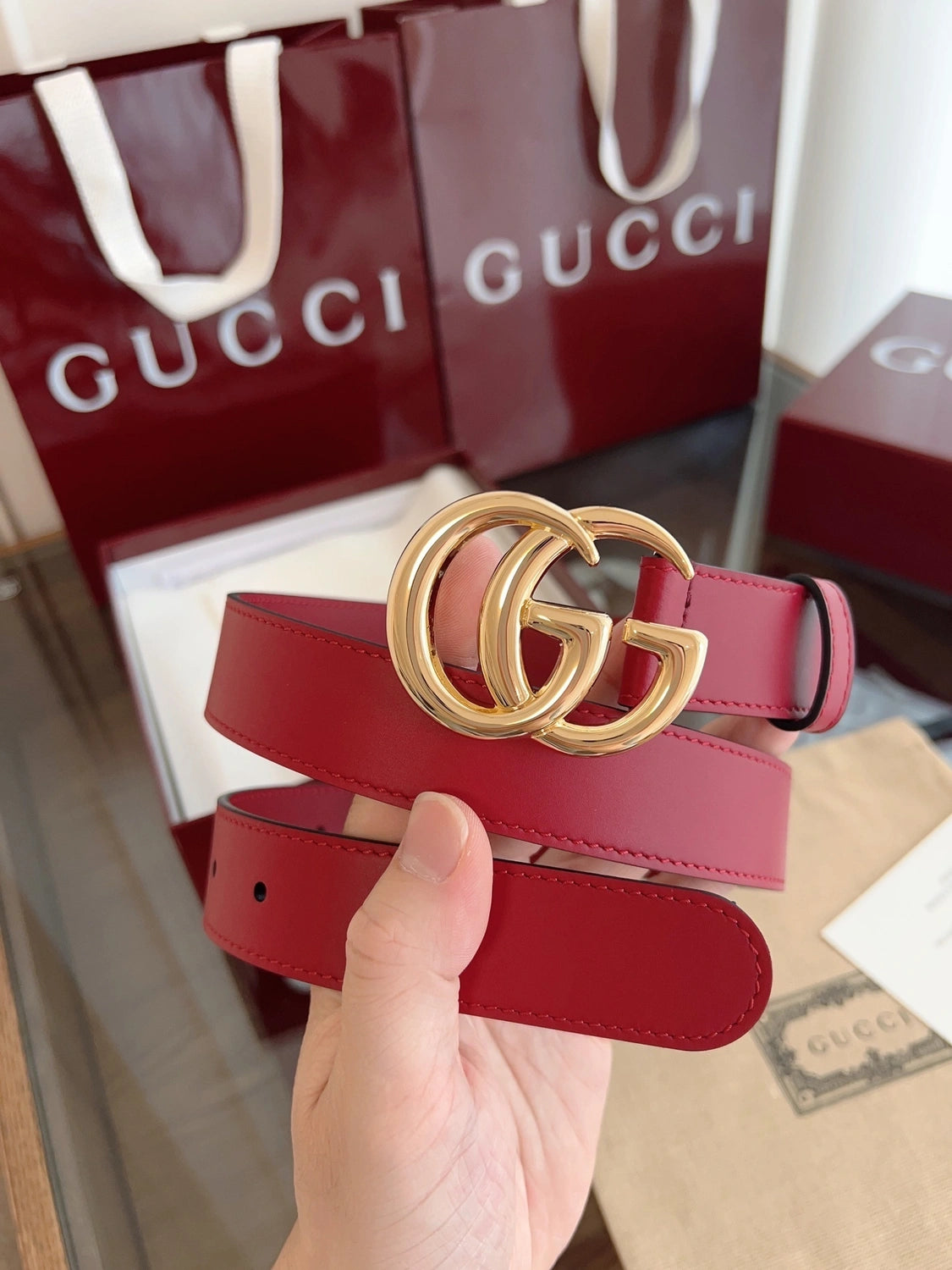 Red Leather Belt with Gold GG Buckle - Hình 4