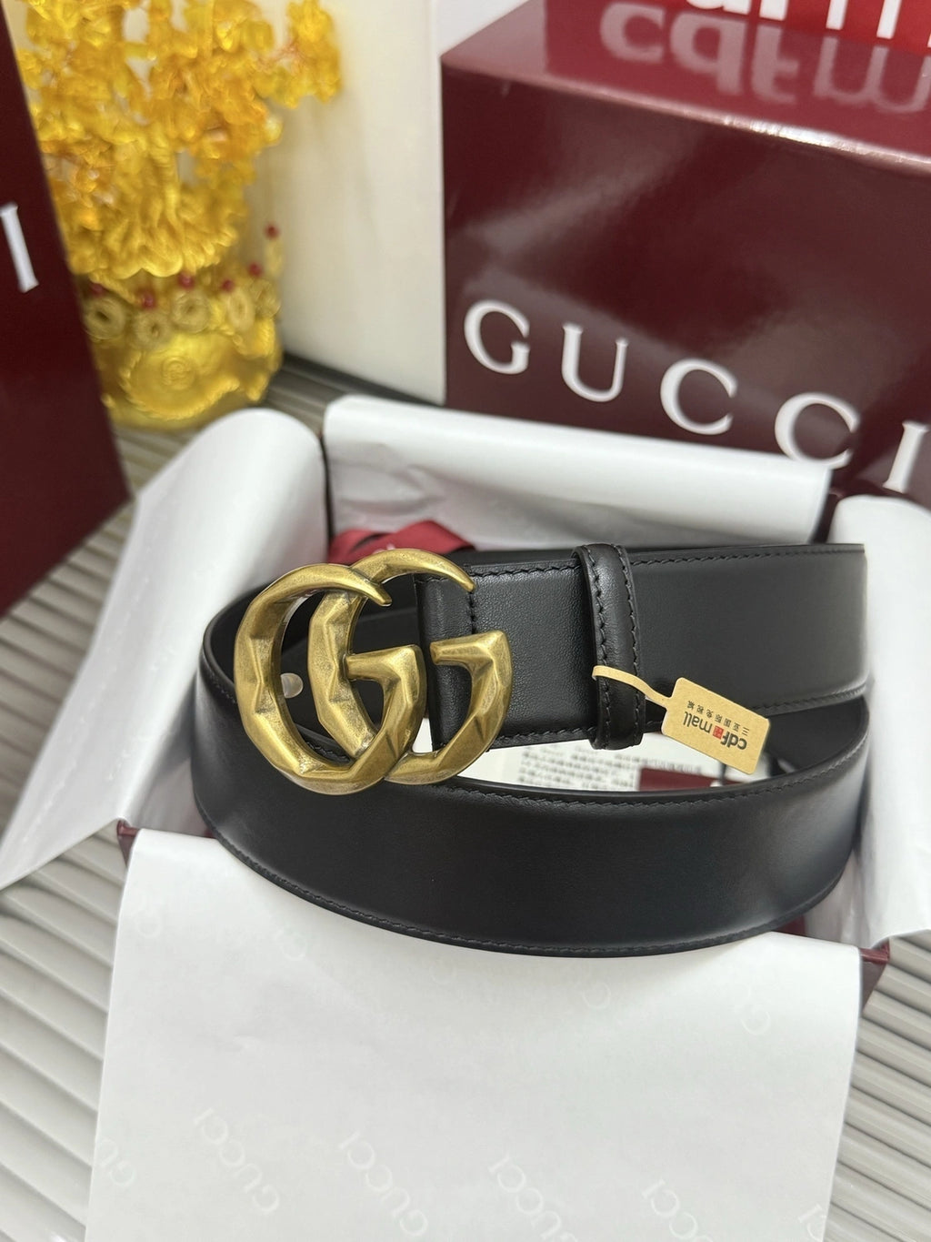 Premium Black Leather Belt with Gold Double G Buckle - Hình 2