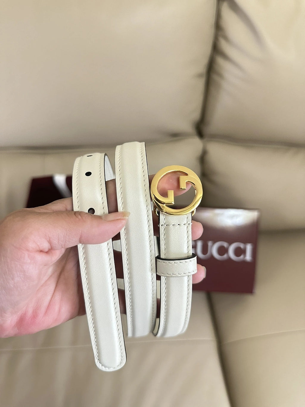 Ivory Leather Belt with Gold Gucci Inspired Buckle - Hình 8