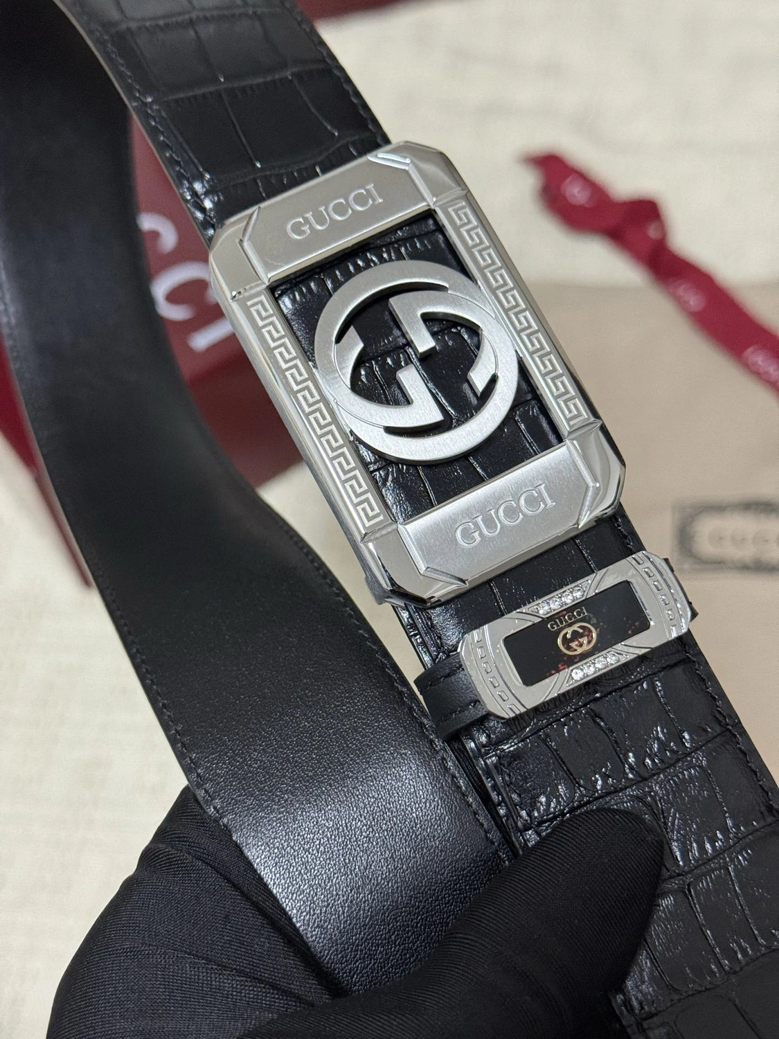 Premium black leather belt with silver Gucci inspired buckle - Hình 7