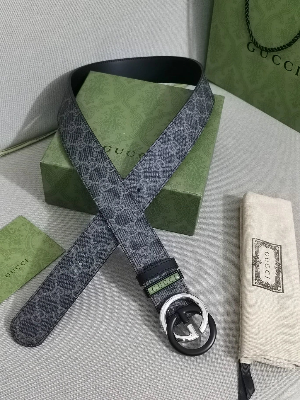 Gucci Grey Supreme GG Belt in original packaging - Hình 8