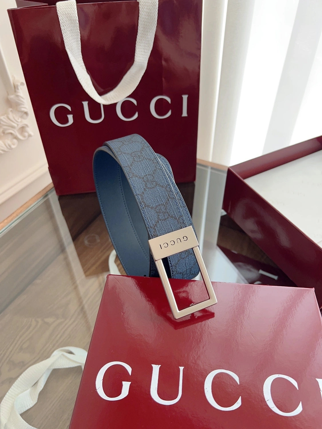 Gucci Premium Leather Belt Blue GG Pattern - Hình 7