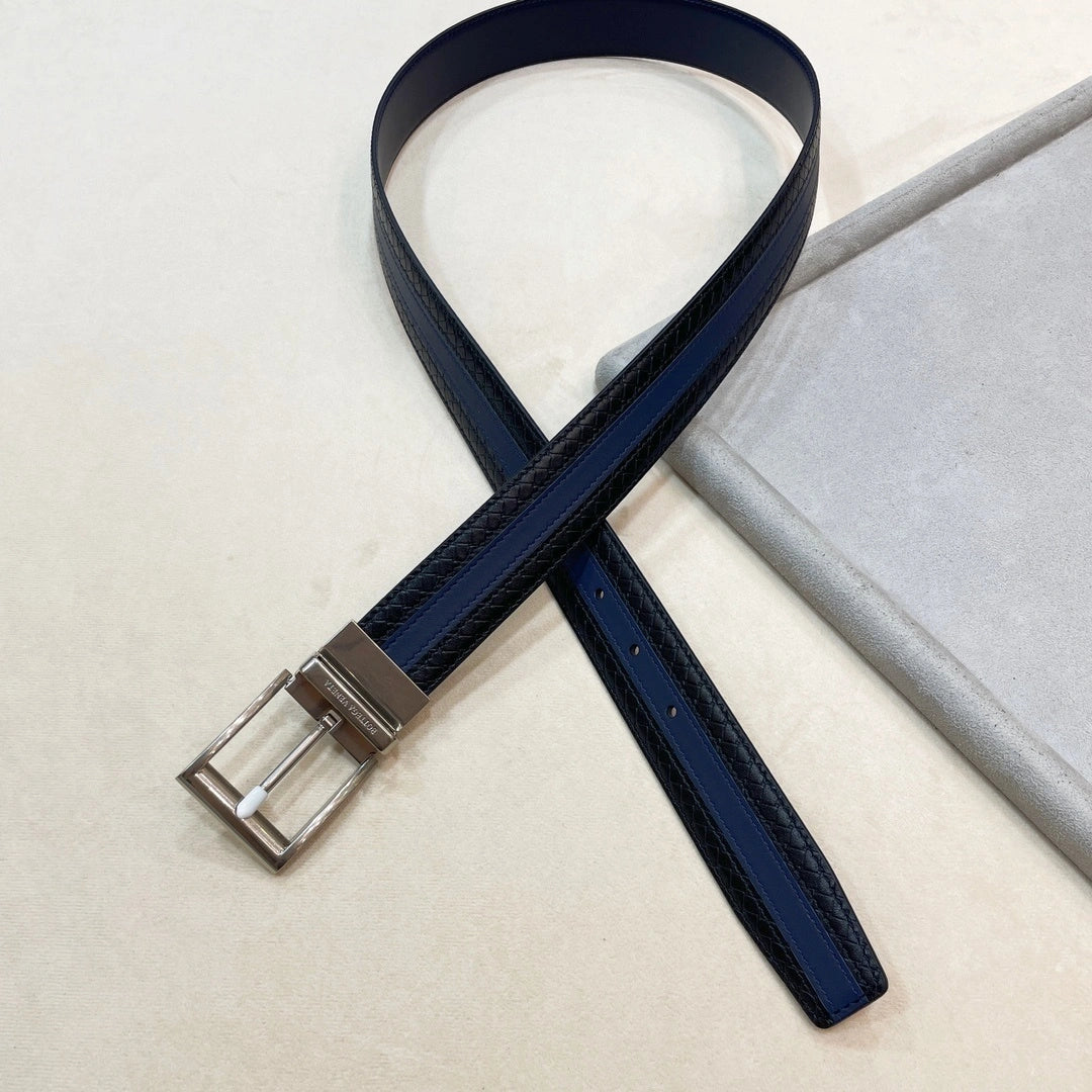 Bottega Veneta Premium Leather Belt Blue and Black - Hình 8