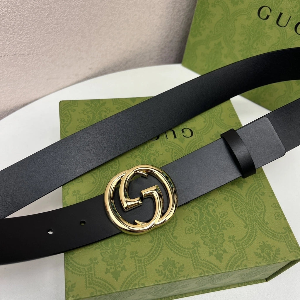 Premium Black Leather Belt with Gold GG Buckle - Hình 8
