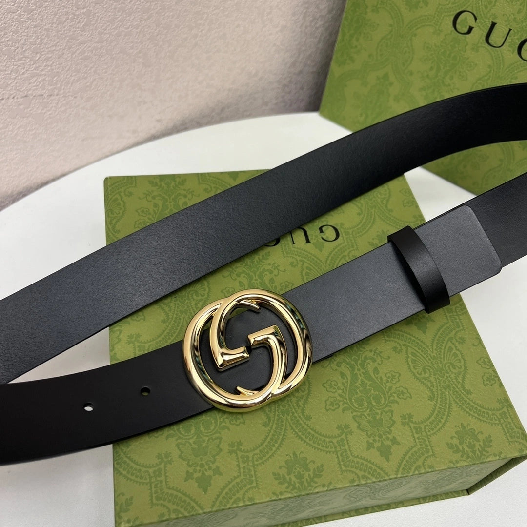 Premium Black Leather Belt with Gold GG Buckle - Hình 8