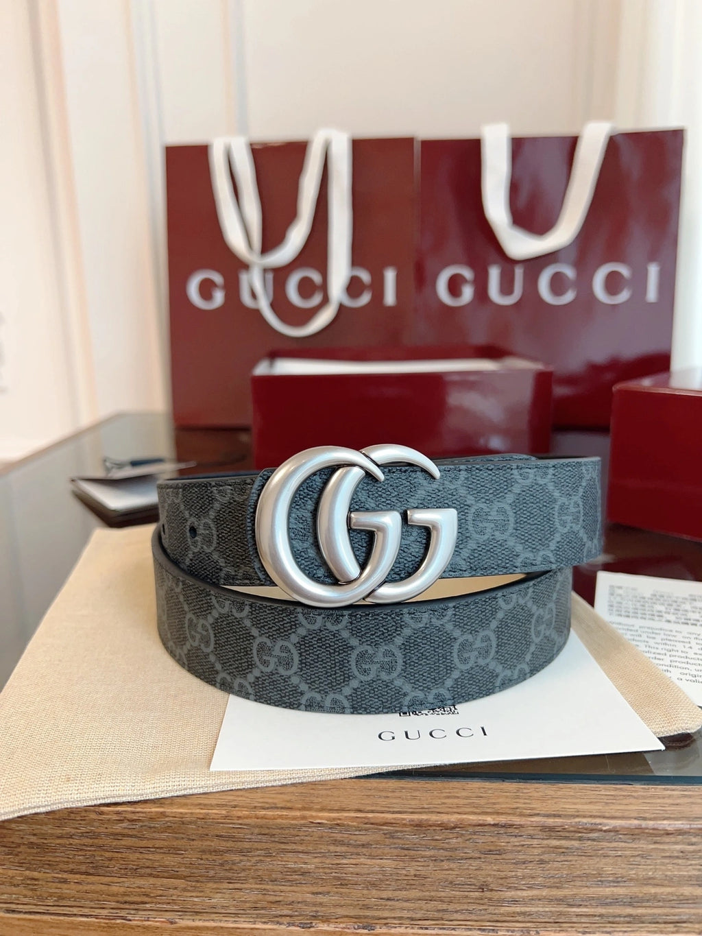 Gucci GG Supreme Belt in Grey and Black - Hình 7