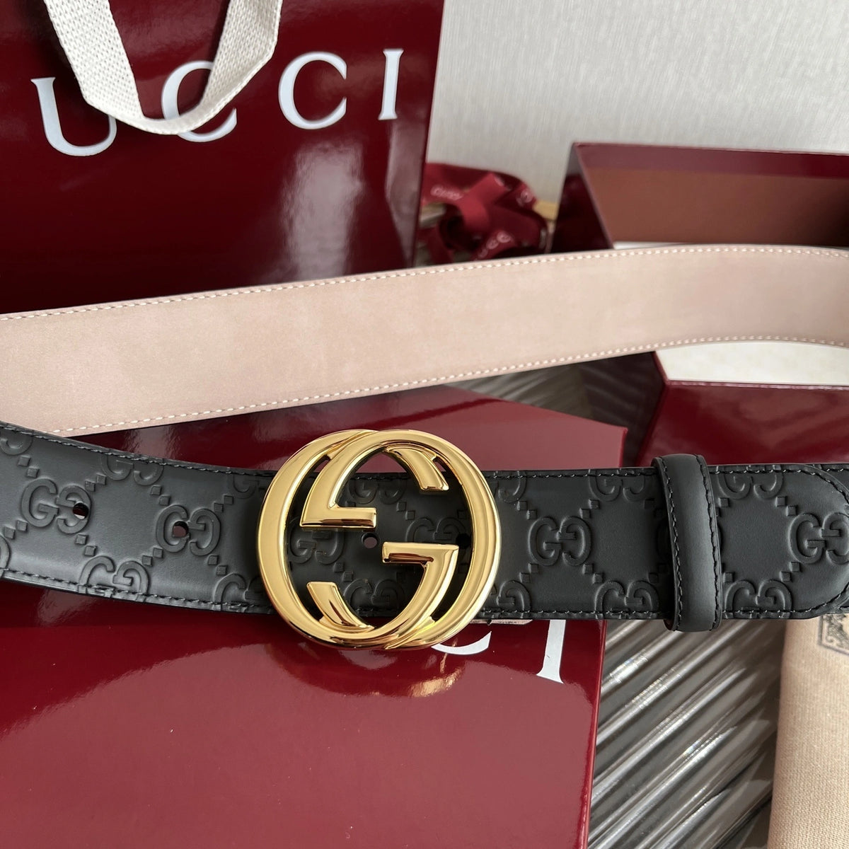 Gucci Inspired Premium Leather Belt with Gold Buckle - Hình 7