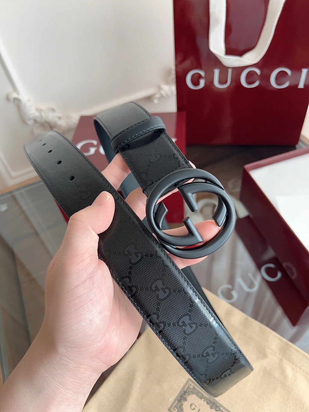 Premium Black Leather Belt with Silver GG Buckle - Hình 5